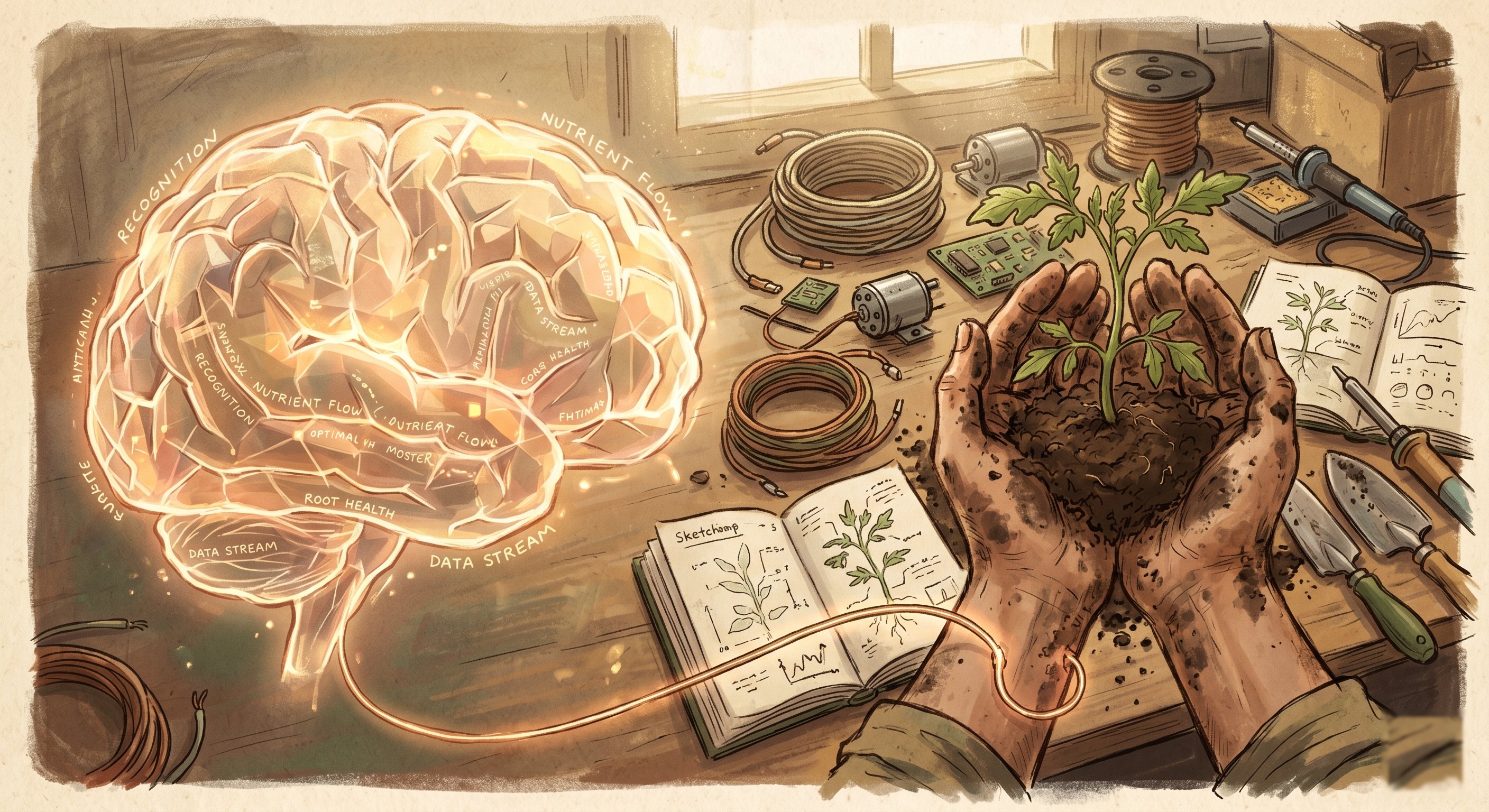 Digital mind connected to physical hands